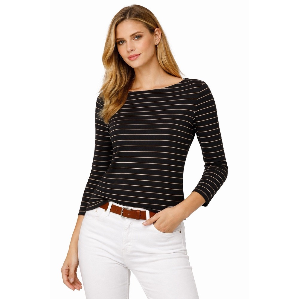 Lauren Ralph Lauren Striped Boat Neck Top P/L 3/4 Sleeve Cotton Stretch Preppy